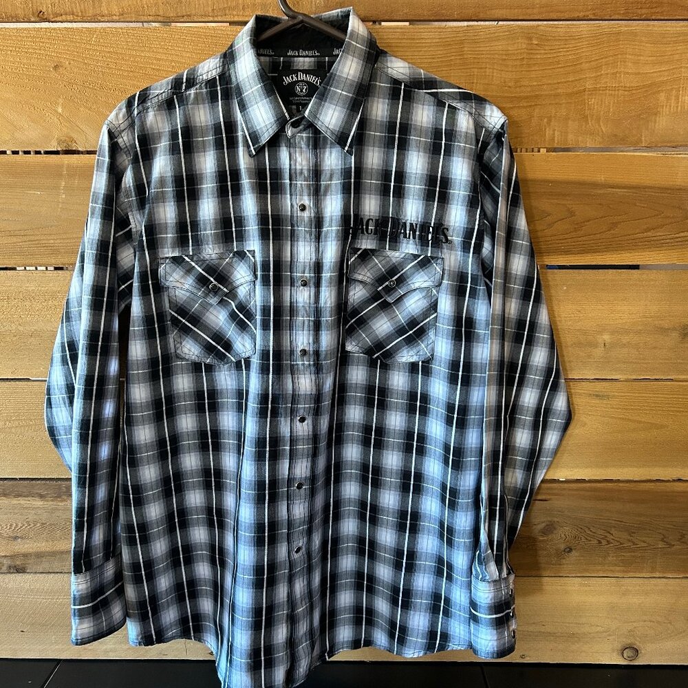 Jack Daniels Shirt Mens L Gray Black Plaid Western Pearl Snap Cowboy Rockabilly